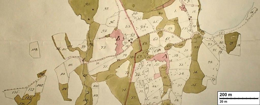 6 Vilkjärvi. Yllä ote Vilkjärven isojakokartasta v. 1839. Tonttimaat siinä punaisella. Vasemmalla ote v.