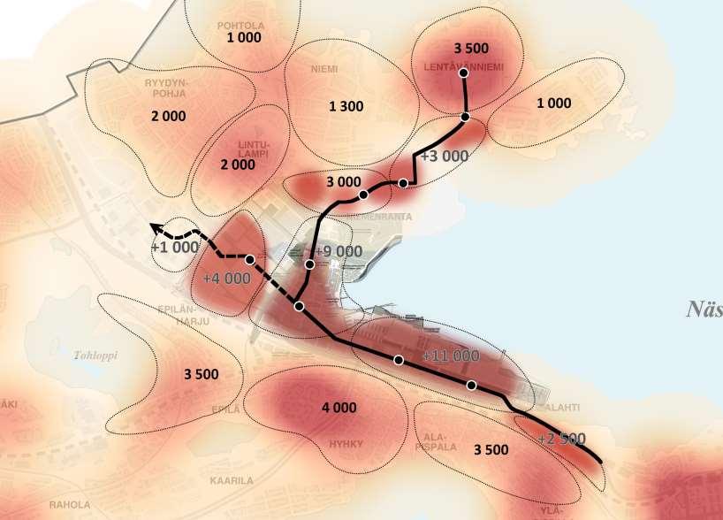 HIEDANRANNAN & LÄHIALUEEN ASUKASMÄÄRÄT 2040+ Raitiotie ja pysäkit Jatko Ylöjärven keskustan