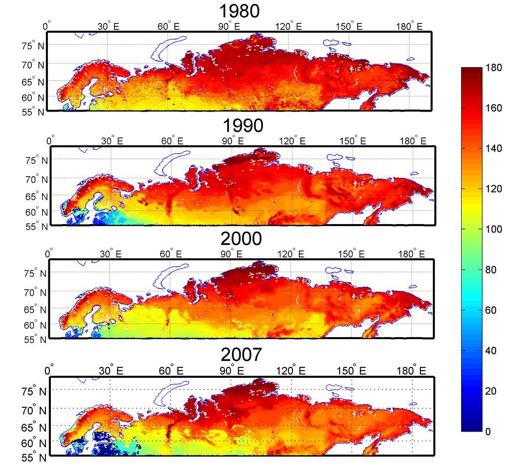 Advances in snow monitoring - results and discussion Figure 2. Snow clearance day in Eurasia for years 1980, 1990, 2000 and 2007 (days since the 31st of December of the previous year). (P.