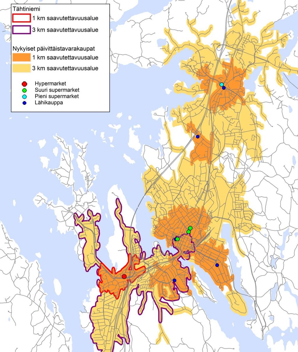 Päivittäistavarakauppojen saavutettavuusalueet kävellen, 1 ja 3 km (pl Vierumäki) Pohjakartta: