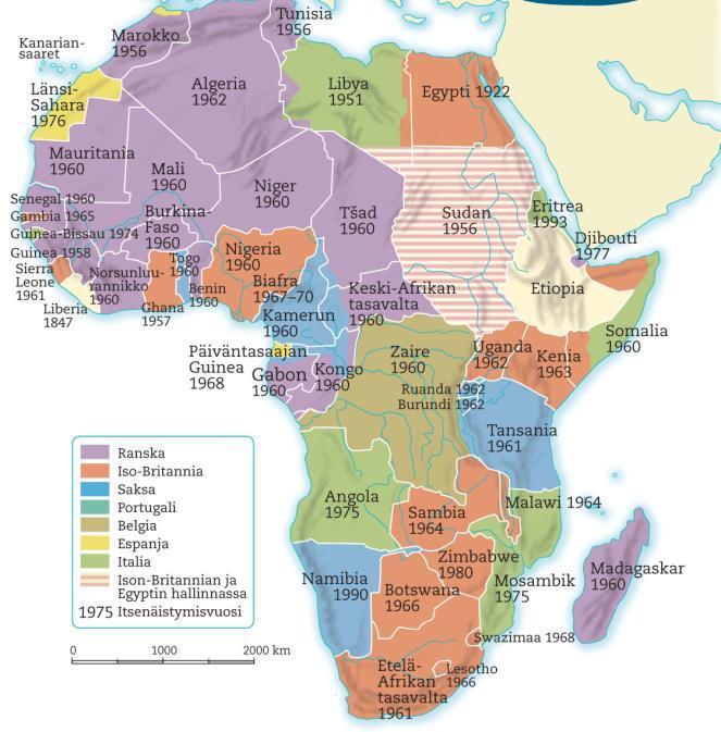 Afrikan maiden itsenäistyminen Toinen maailmansota vauhditti Afrikan itsenäistymispyrkimyksiä. Vuosina 1955 1965 Iso-Britannia ja Ranska luopuivat suurimmasta osasta siirtomaitaan.