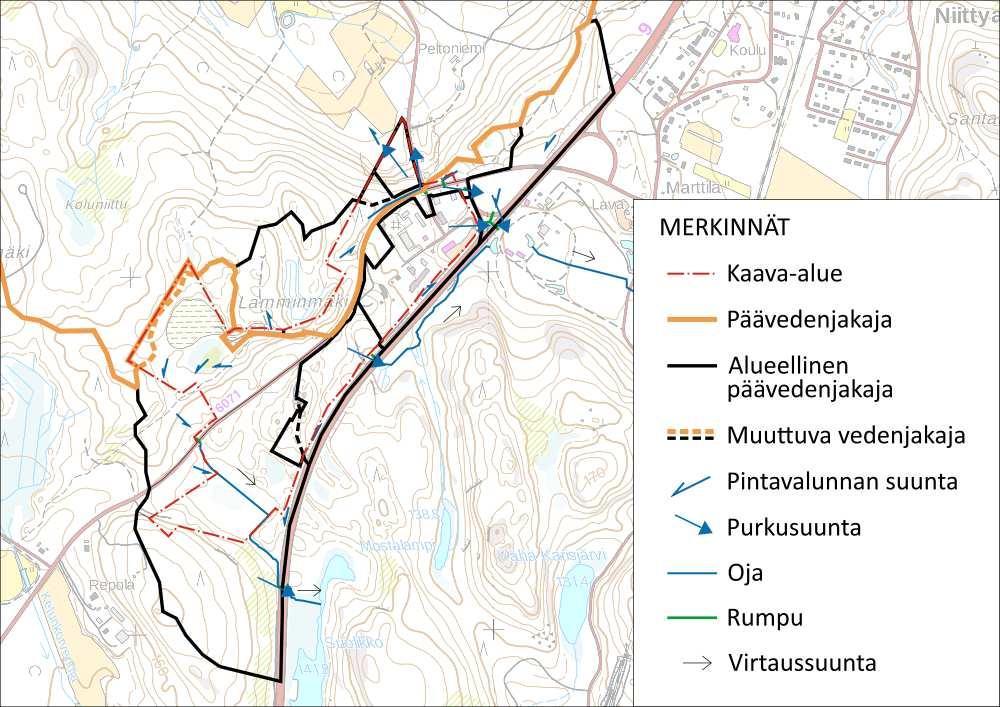Kuusanmäen teollisuusalueen AK 2/11 2.2 Valuma-alue ja pintavaluntareitit Suunnittelualueen pohjoispäästä pienen osavaluma-alueen vedet laskevat ojaa pitkin Muuratjärveen noin 900 metrin päässä.