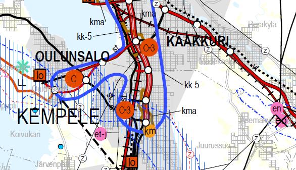 2018 (Lähde: Pohjois-Pohjanmaan liitto). Suunnittelualueen likimääräinen sijainti on osoitettu kuvassa violetilla soikiolla. 3. vaihemaakuntakaavassa on tarkasteltu mm. pohjavesialueet.