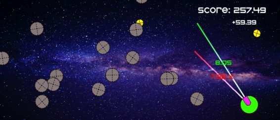 KUVA 5. Kuva pelitilanteesta, jossa pelaaja on juuri tuhonnut planeetan. Näytölle piirretyt viivat havainnollistavat osuman pisteytystä. Uusi pistemäärä ilmoitetaan myös ruudun oikeassa yläkulmassa.