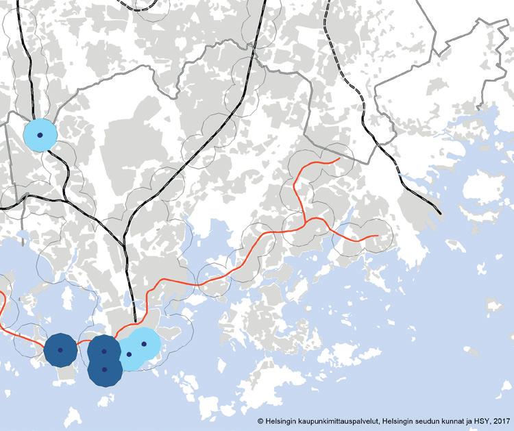 Alue-erojen kehitys osa-alueittain: Henkilöä +6 696 Väestönmuutos, % Raideliikennevyöhyke +1,6 % Koko kaupunki +1,3 % Malminkartano -175 Pysäkit, joilla eniten kasvua Pysäkit, joilla vähiten kasvua