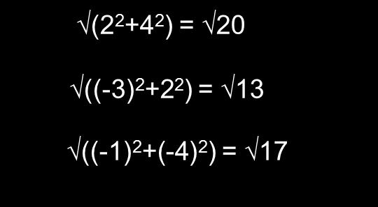 Esim. (-3,2) (2,4) a) (2 2 +4 2 ) = 20 = 4.5 (3 2 +2 2 ) = 13 = 3.6 (1 2 +4 2 ) = 17 = 4.1 (-1,-4) norm (2,4) antaa 4.