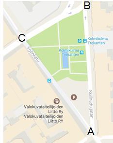 Harj. Kartassa näkyvä kolmiopuisto sijaitsee Helsingissä.