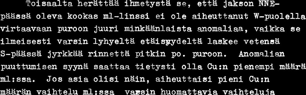 lyhyelta et&isgrydelt& laskee vet enaa S-paass5 jyrkkaa rinnetta pitkin po. puroon. Anomalim puuttwnisen syyna saattaa tie-tysti olla Cu:n pienempi msi&rs ml: saa.