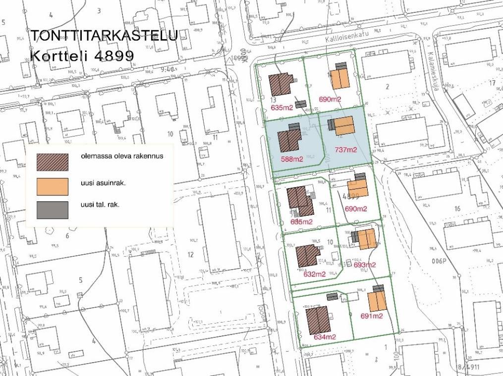 9 Tonttitarkastelu Ali-Huikkaantie 20:n lähiympäristöstä. Tonttikoot viitteellisiä. Pohjoispuolen tontti on jaettu vuonna 2017. 4. ASEMAKAAVAN TOTEUTUS 4.
