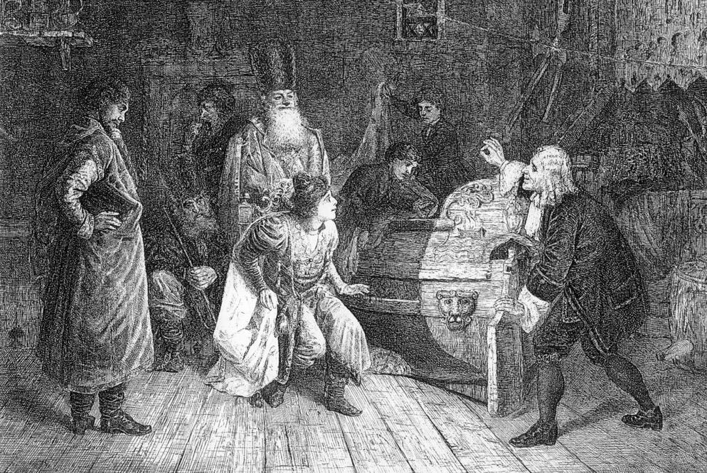 Pietari näkee vajassa oudon veneen, oikealla Franz Timmerman, hollantilainen laivanrakentaja.