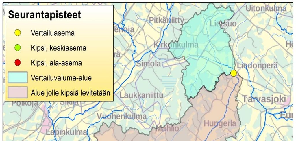 8 Kohdealueen lopulliset rajat määräytyivät sen perusteella, mihin vedenlaadun seurantapisteet asettuivat. Aluetta on kuvailtu tarkemmin luonnontieteellisen tutkimuksen yhteydessä. Kuva 2.