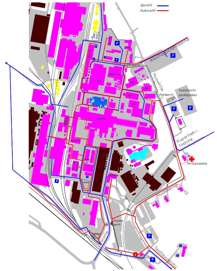 Tehdasalueen kulkureitit Ajoneuvoliikenne Asiattomien henkilöiden kyyditseminen tehdasalueelle on kielletty, porteista ajettaessa ajoneuvossa saa olla vain kuljettaja.