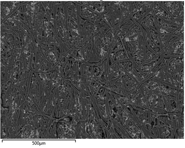 Kartongin pintaa SEM-mikroskoopilla kuvattuna, kuvassa voidaan nähdän kuitujen orientaatio. Kuva Tytti Larinoja [6].