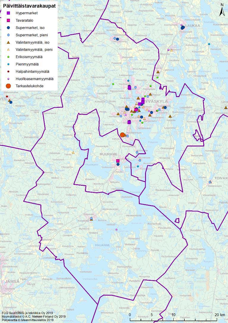 FCG SUUNNITTELU JA TEKNIIKKA OY Loppuraportti 11 (33) Seututasolla päivittäistavarakauppa keskittyy vahvasti Jyväskylään.