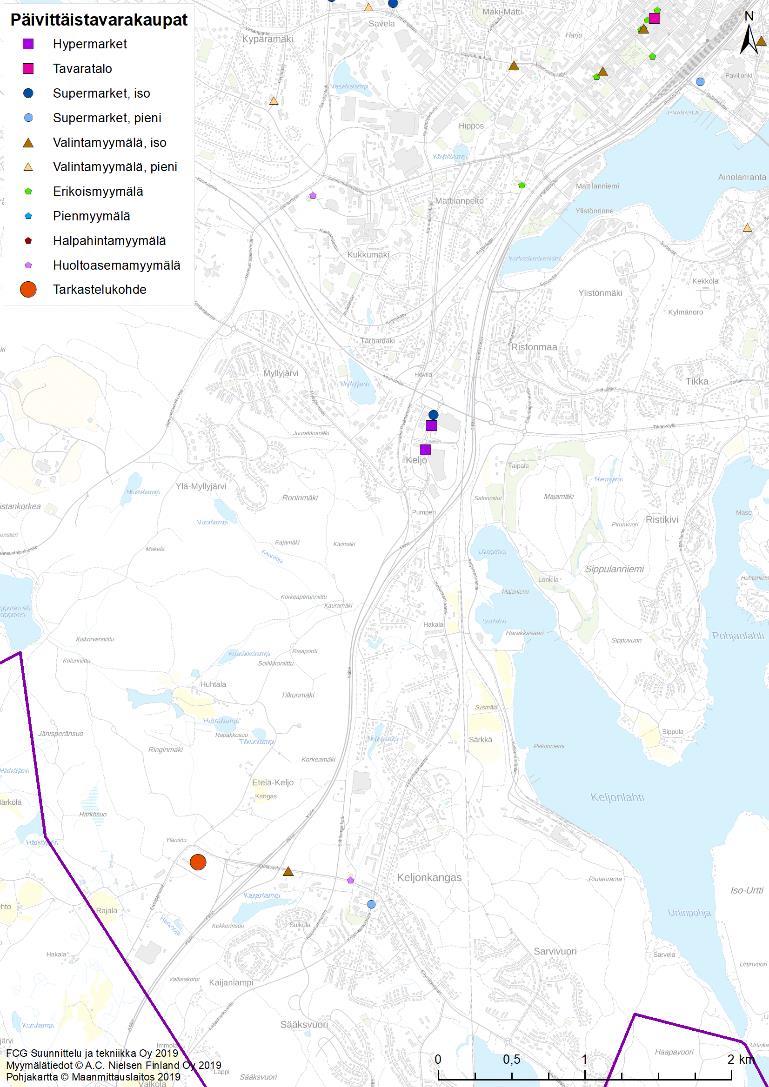 Jyväskylässä suurimmat päivittäistavaramyymälät (hypermarketit) sijaitsevat Keljon, Palokan ja Seppälän alueilla.