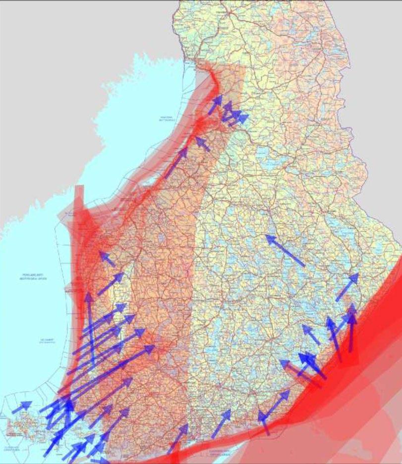 Kuva 11. Yhdistelmäkartta lintujen päämuuttoreiteistä keväällä.