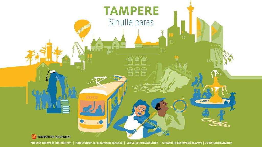 Tampereen strategia Tampereen kaupunginvaltuusto hyväksyi nykyisen vuoteen 2030 ulottuvan Tampereen strategian 13.11.2017. Tampereen strategia on perusta kaupungin johtamiselle.