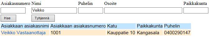 Rekisterin ylläpidosta kerrotaan tarkemmin luvussa 4 Perustiedot. Voit hakea vastaanottajaa rekisteristäsi asiakasnumerolla tai Etsi asiakas painikkeella.