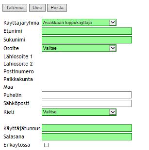 Vihreällä merkityt kentät ovat pakollisia tietoja. Aluksi valitaan uudelle käyttäjälle sopivat oikeudet, valitsemalla käyttäjäryhmä. Syötetään käyttäjän nimi ja valitaan oletusosoite pudotusvalikosta.