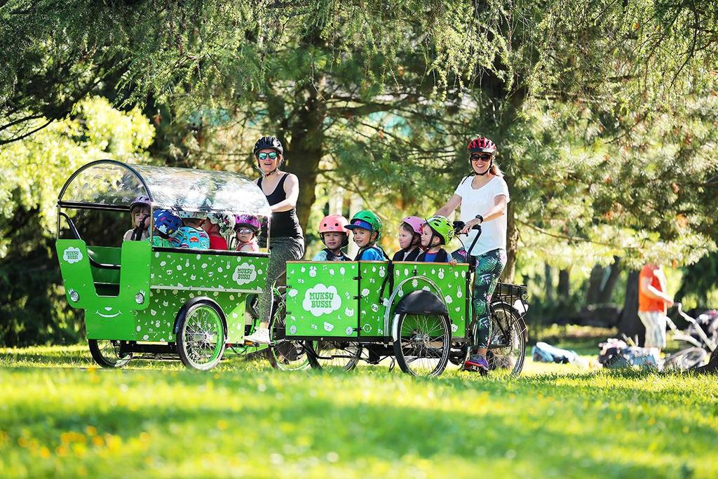 Muksubussit varhaiskasvatusyksikköihin Tavoite: Muksubussi on sähköavusteinen pyörä, jolla on kevyt ja helppo kuljettaa jopa kahdeksan lasta kerrallaan. Minimuksubussiin mahtuu 4-6 lasta.