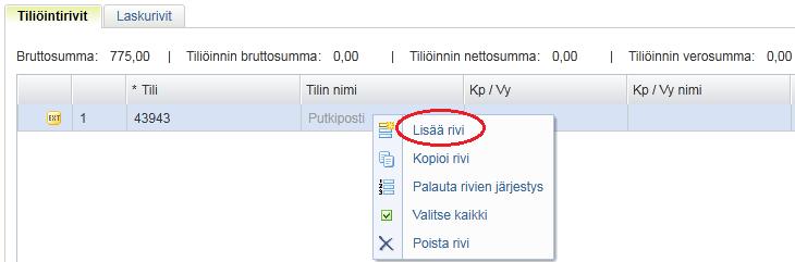 Uusi lasku tarkastettavaksi Tiliöinti: Lisätään tili(t) ja laskentatunnisteet manuaalisesti: Jos haluat lisätä uuden tiliöintirivin, klikkaa tiliöintirivin (mikä tahansa) kohdalla hiiren oikealla: