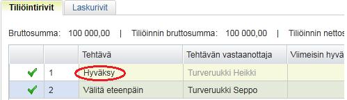 Lasku hyväksyttäväksi Laskun hyväksyntä ei kuulu sinulle tai sinulla ei riitä oikeudet hyväksyä laskua (tietty euroraja ylittyy): Jos et tiedä oikeaa hyväksyjää: klikkaa tiliöintirivin tehtävä