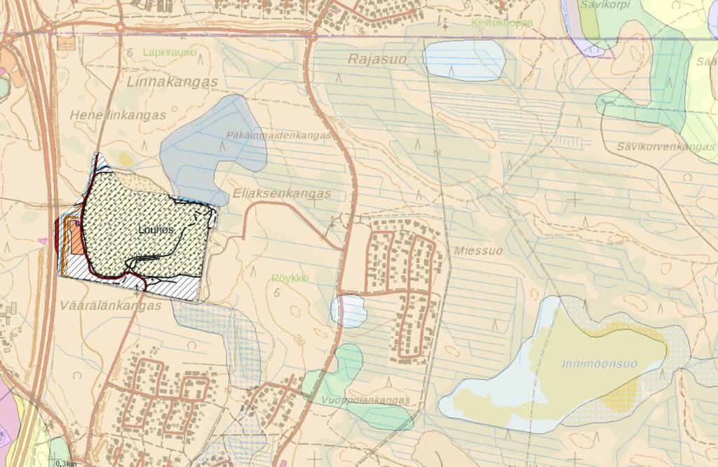 3 4 LUONNONYMPÄRISTÖN YLEISPIIRTEET 4.1 Maaperä ja kallioperä Selvitysalueen maaperä on hiekkamoreenia ja soisilla alueilla sara- tai rahkaturvetta (Kuva 2).