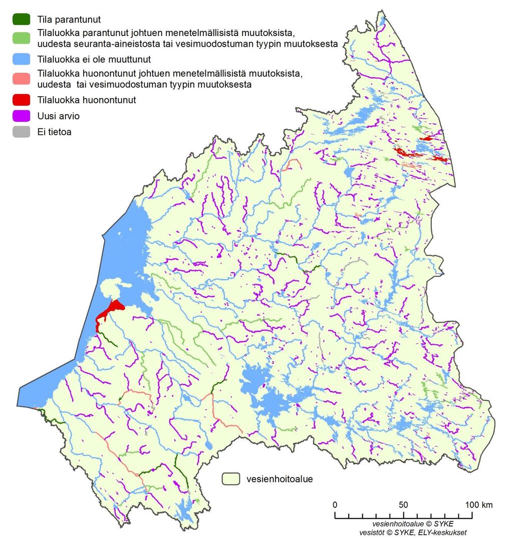 Kuva 7.1. Ekologisen tilan muutos sekä muutokseen johtanut syy Oulujoen Iijoen vesienhoitoalueella.