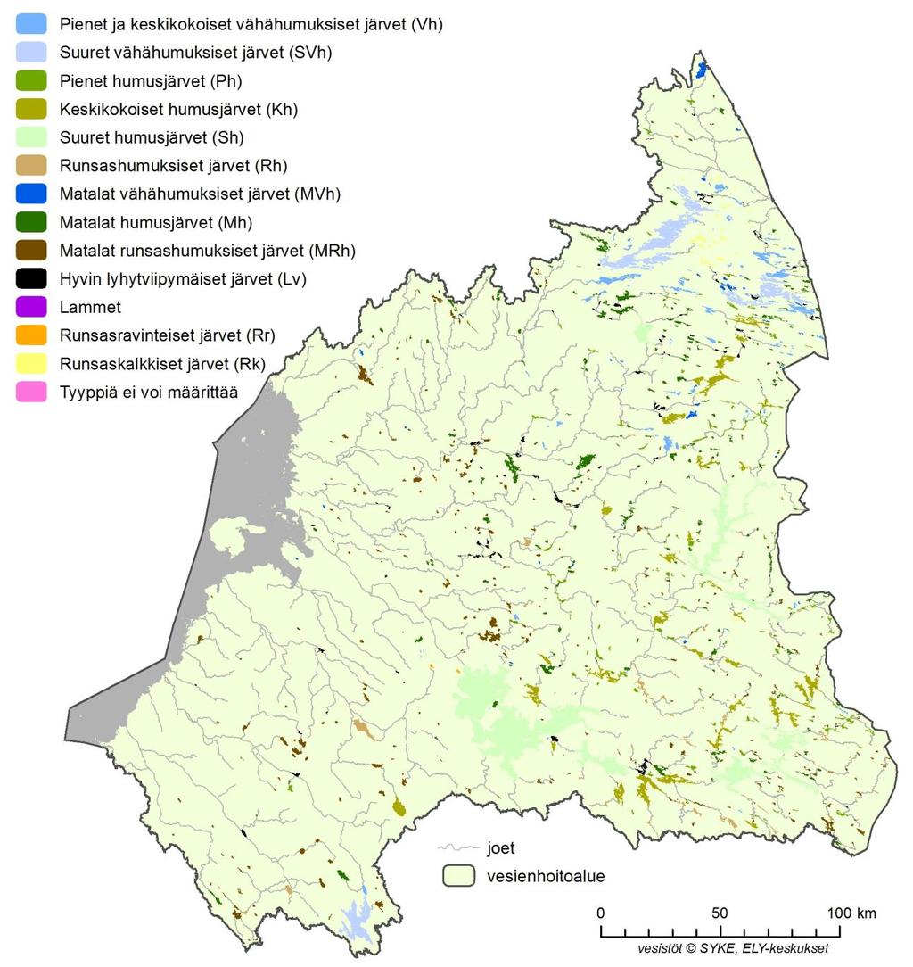 Kuva 2.5. Oulujoen-Iijoen vesienhoitoalueen järvien tai järven osien tyypittely. Taulukko 2.2. Vesienhoitoalueen jokien tai joen osien jakautuminen tyyppeihin.