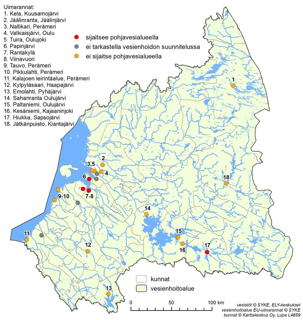 Kuva 2.9. EU-uimarannat Oulujoen - Iijoen vesienhoitoalueella (vuoden 2014 tilanne). Taulukko 2.3. Vesienhoitoalueen EU-uimarantojen sijoittuminen vesimuodostumiin ja kuntiin.