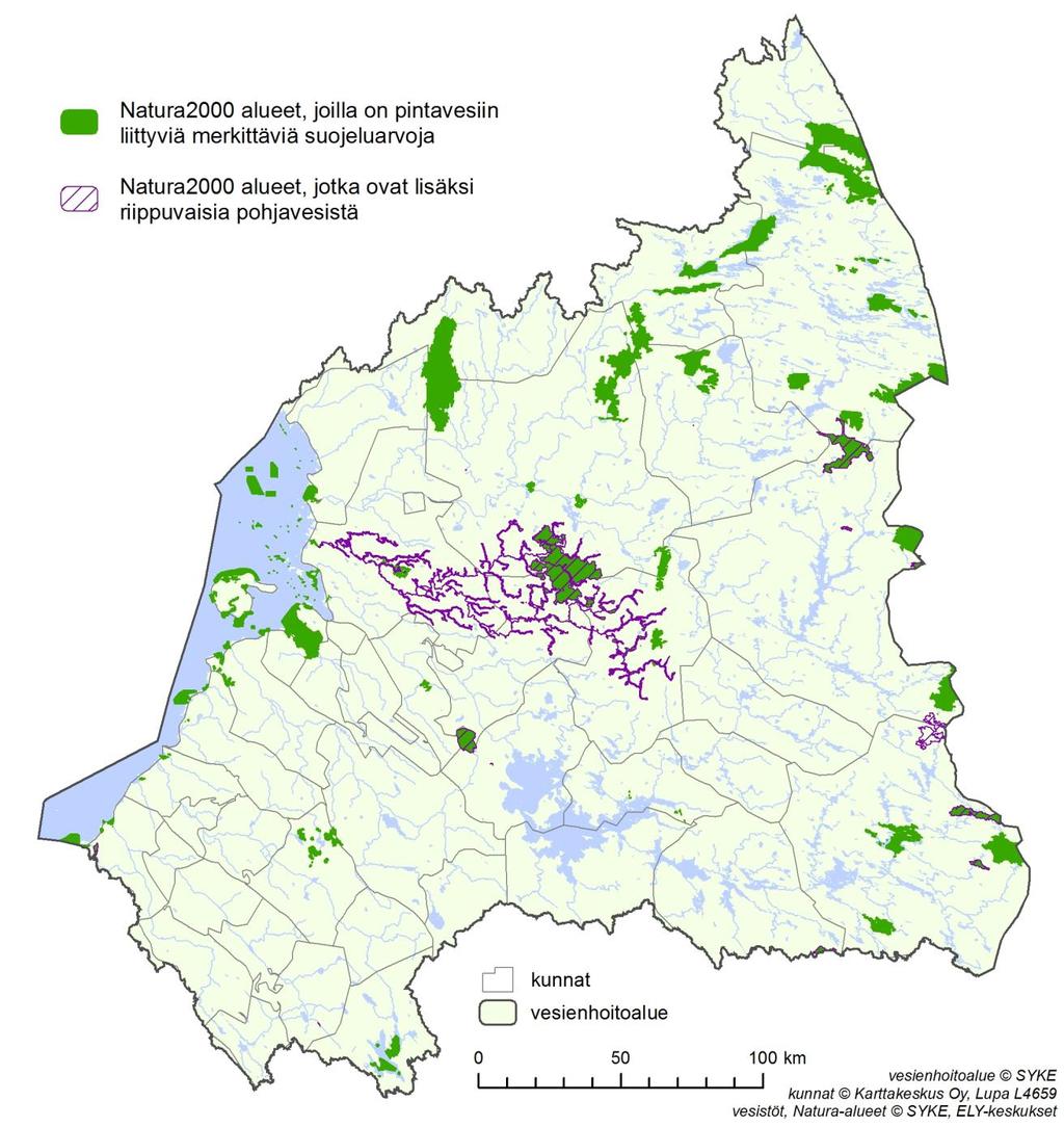 Kuva 2.10. Oulujoen - Iijoen vesienhoitoalueen Natura-alueet, joilla on vesiin liittyviä merkittäviä suojeluarvoja sekä ne Natura-alueet, jotka ovat riippuvaisia pohjavesistä. Taulukko 2.4.