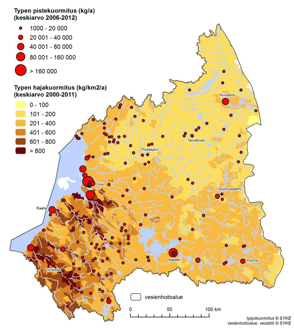 Kuva 3.7. Keskimääräinen vuosittainen kokonaistypen haja- sekä pistekuormitus Oulujoen-Iijoen vesienhoitoalueella. 4.