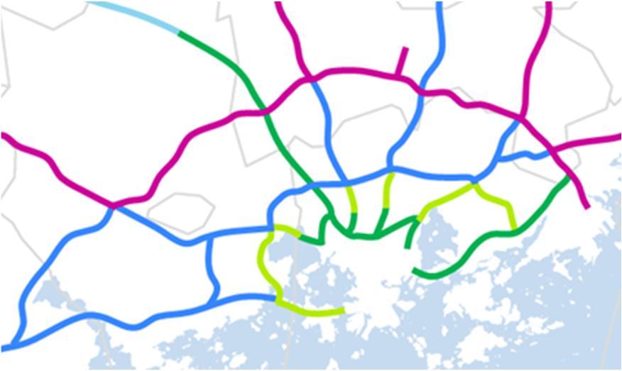 Seudullisesti merkittävät ydinalueen lähestymisjaksot (luokka 4) Seudullisesti merkittävillä ydinalueen lähestymisjaksoilla sujuvuuden merkitys on edellisiä luokkia pienempi, koska matkan lähtö- tai