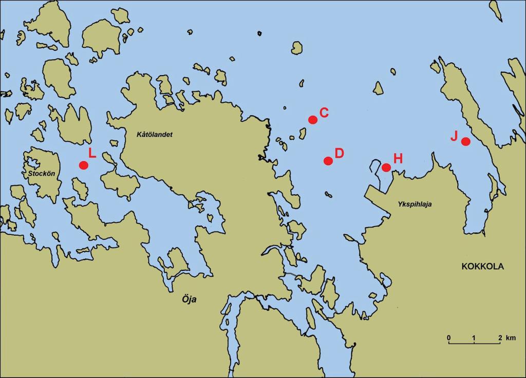 34 Kuva 27. Kokkolan edustan merialueen pohjaeläintarkkailun näytteenottopaikat (Nyman 2014). Näytteenottopaikka C sijaitsee pienessä syvänteessä Perandön koillispuolella (kuva 27).