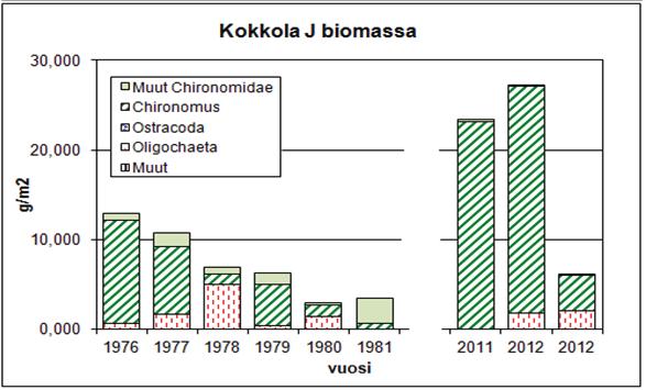 raakkuäyriäisten määrän vaihtelusta, esimerkiksi vuonna 2012 runsas raakkuäyriäisten yksilömäärä kasvatti hieman biomassaa (kuva 30).