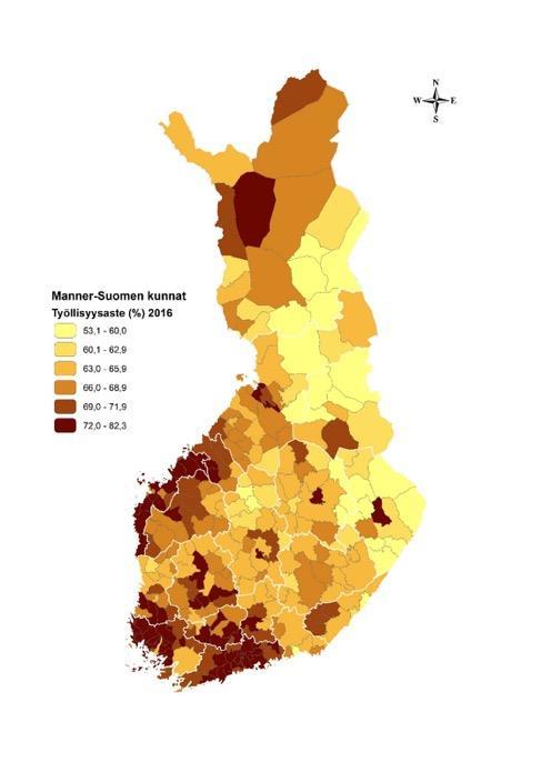 Lähde: Tilastokeskus, työvoimatutkimus; yritykset; työssäkäynti Kartat ja luokittelu: Timo Aro 2018 Yritys- ja työllisyysdynamiikan 3 x 3 analyysi kunnittain >72 % + 72 kuntaa - 239 kuntaa > 100 + 34