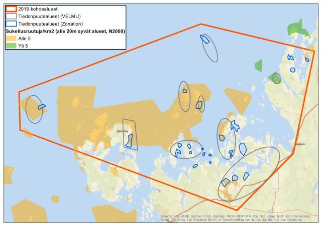 Kuva 2. Esimerkki Merenkurkun päätoiminta-alueen (punainen rajaus) sisällä tehtävien kartoitusten kohdentamisesta.