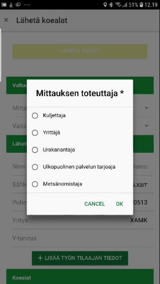 Kun olet täyttänyt kaikki vaadittavat tiedot napauta LÄHETÄ TIEDOT -painiketta.