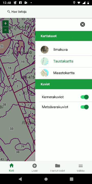 Karttanäkymää voit lähentää ja loitontaa vasemman yläkulman + ja painikkeilla tai kahta sormea näytöllä liikuttamalla.