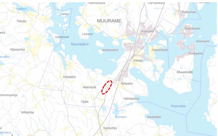 Kaavaselostus 4/24 Kuva 1 Suunnittelualueen likimääräinen sijainti suhteessa Muuramen keskustaan. (Kartta Maanmittauslaitos) 1.