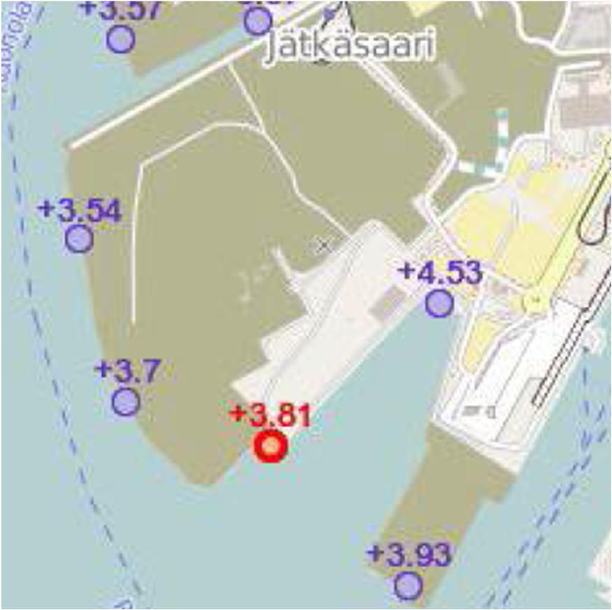 7 Kuva 3. Ote karttanäkymästä, piirustus no: GEO 6756 003, Turvalliset rakentamiskorkeudet Helsingin rannikolla Raportin mukaan arvo tarkoittaa korkeutta, jolle yhtenäinen vesi ns.