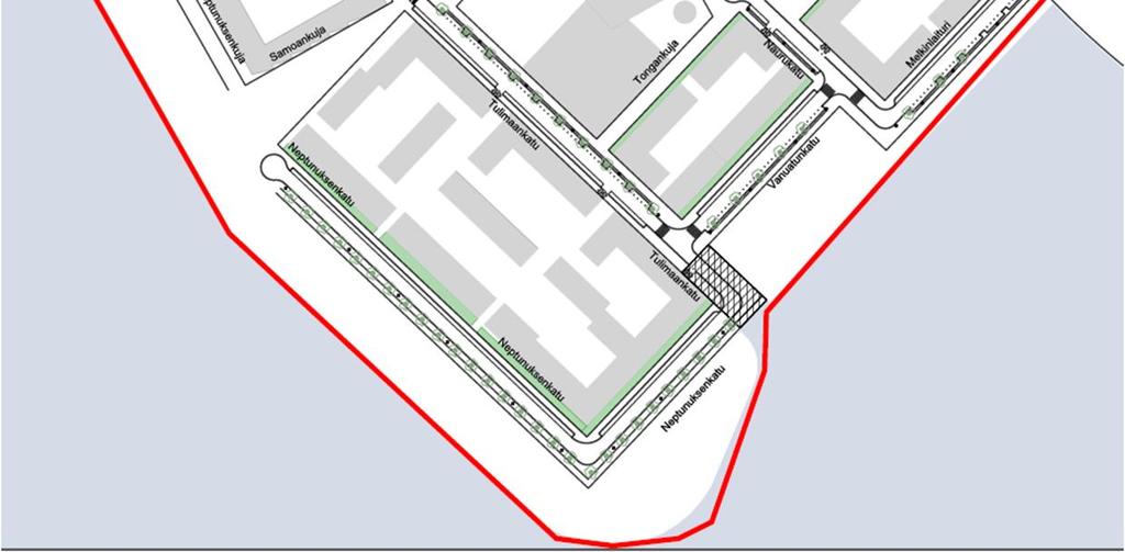 4000 kem 2, sekä koulu, päiväkoti. Kuva 1 Suunnittelualue Suunnitelmassa on laadittu alueen yleistasaus sekä katujen pituus- ja poikkileikkaukset.