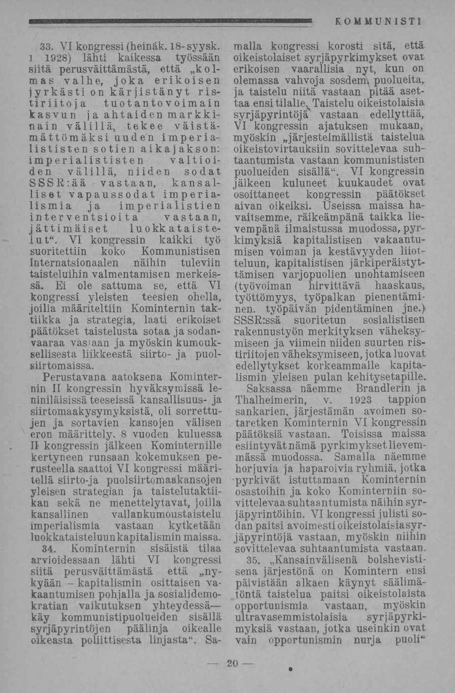 kapitalismin. VI 33. VI kongressi (heinäk. 18- syysk.