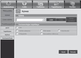 web viewer Ryhmä Voit lisätä ryhmän, joka vastaanottaa postin, jos tapahtuma esiintyy, sekä asettaa tapahtuman postin vastaanoton luvan kullekin ryhmälle.