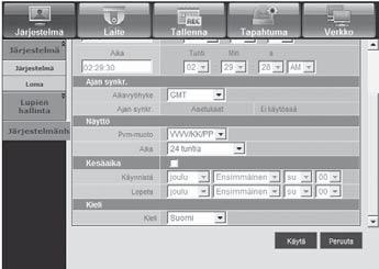 Ajan synkronointiasetukset Aseta ajan synkronointi. WEB VIEWER Näyttö Pvm-muoto : Aseta päivämäärän tyyppi. Aika : Valitse ruudussa näytettävä ajan muoto.