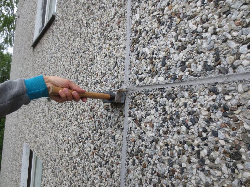 Betonin rapautuminen Vasarointi rasitetuimmat osat kartoitetaan perusteellisesti vasaroimalla betonipinnat raskaalla vasaralla ("moska", paino n. 1 kg).