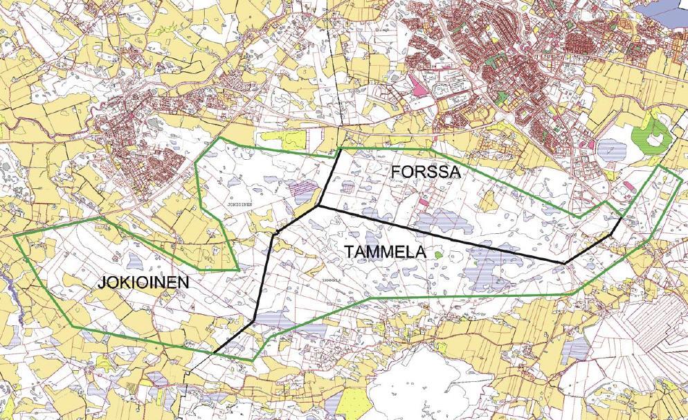 Kaavoitettavaan alueeseen kuuluvat kunnan keskustan lisäksi osa Minkiöstä, Lamminkylä, Pellilä, Peltosuo, ja Kirkonkulma. Se rajautuu idässä Forssan kaupunkiin ja kaakossa Tammelan kuntaan.