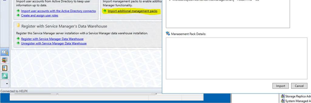 Tämä suoritetaan Administration valikon aloitusruudulta valitsemalla Import additional management packs. Management paketti on saatu konsolin kautta koneelle, niin tämän jälkeen luodaan itse yhdistin.