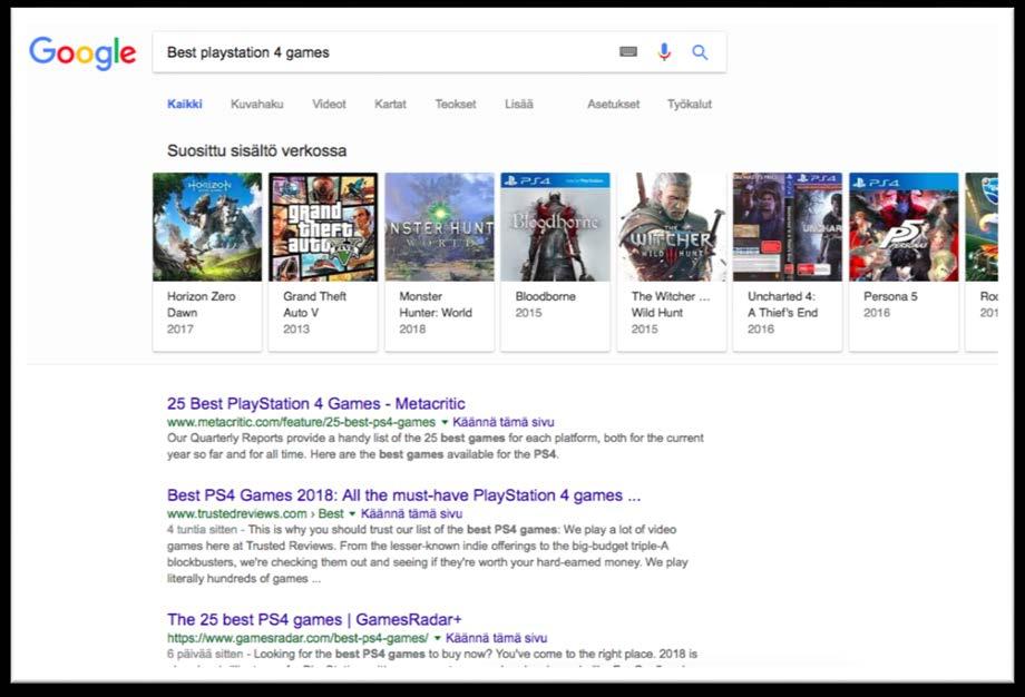 7 Kuvio 3. Google tarjoaa vastauksia käyttäjän tekemään hakuun jo hakusivulla (Google 2018). Vuonna 2018 yhä useammat erilaiset hakusanat Googlessa näyttävät tuloksia käyttäjälle jo hakusivulla.