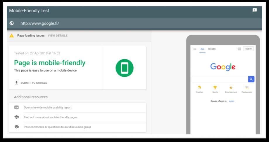17 Kuvio 8. Kuvakaappaus Googlen mobiiliystävällisyys-testistä (Google Mobile-friendly Test 2018).